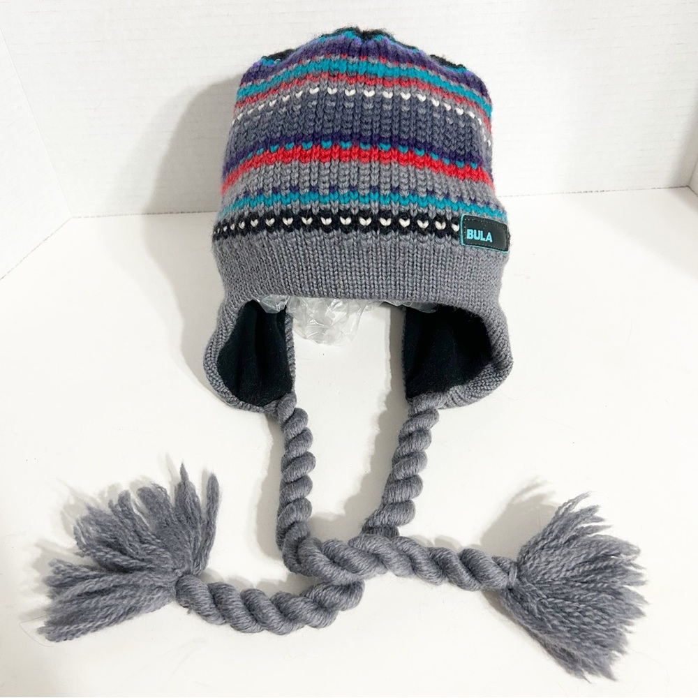 Bula Wool Fleece Lined Colorful Striped Print Earflap Hat Braided Side Tassels